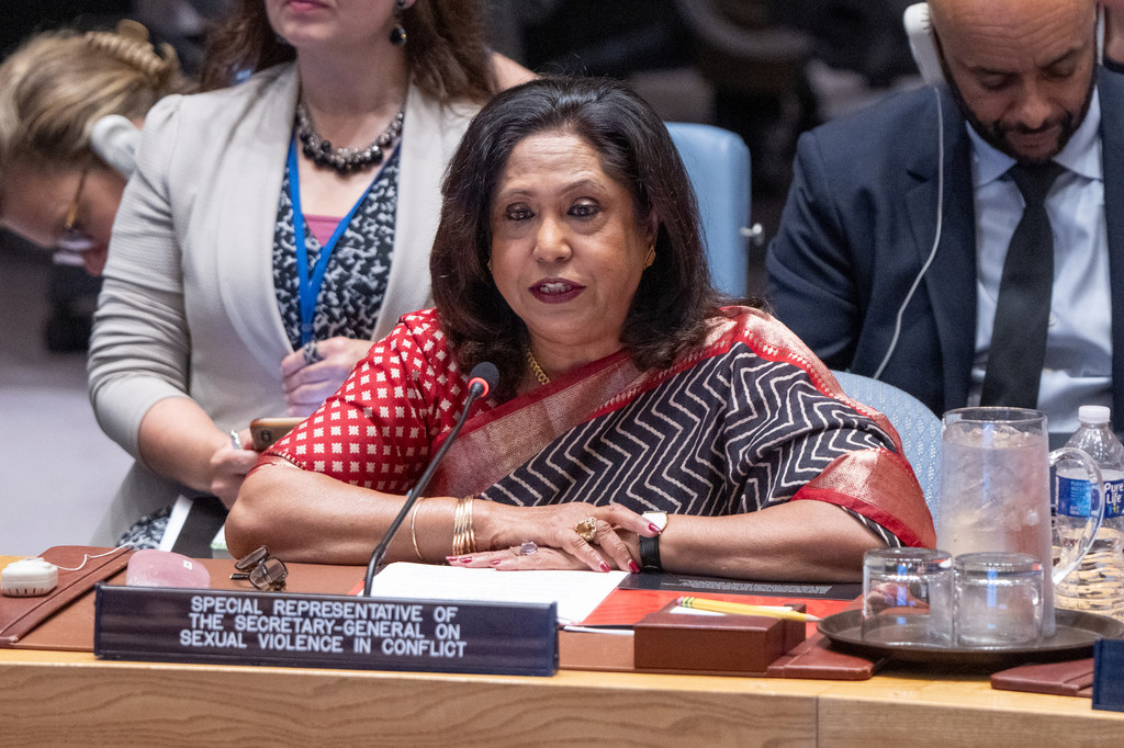 Pramila Patten, Special Representative of the Secretary-General on Sexual Violence in Conflict, briefs the Security Council during the meeting on women, peace and security.